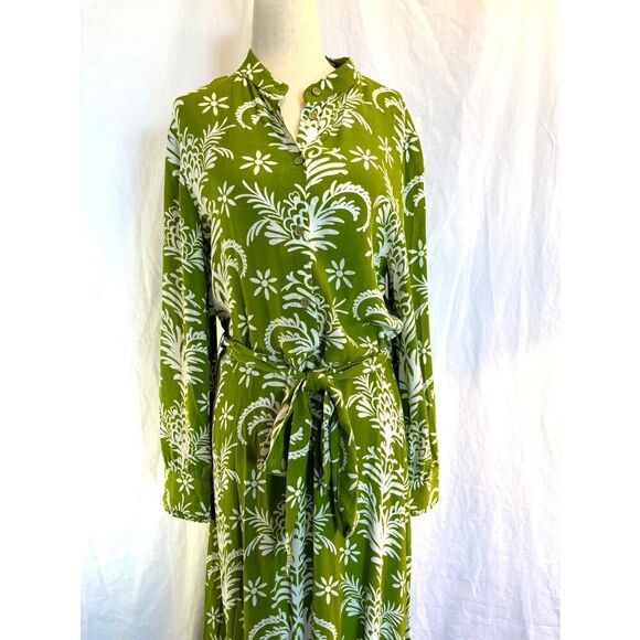 Made in TURKEY ZARA Maxi Dress L/S Button Front Cuff Green White Floral Belt S - Picture 6 of 8